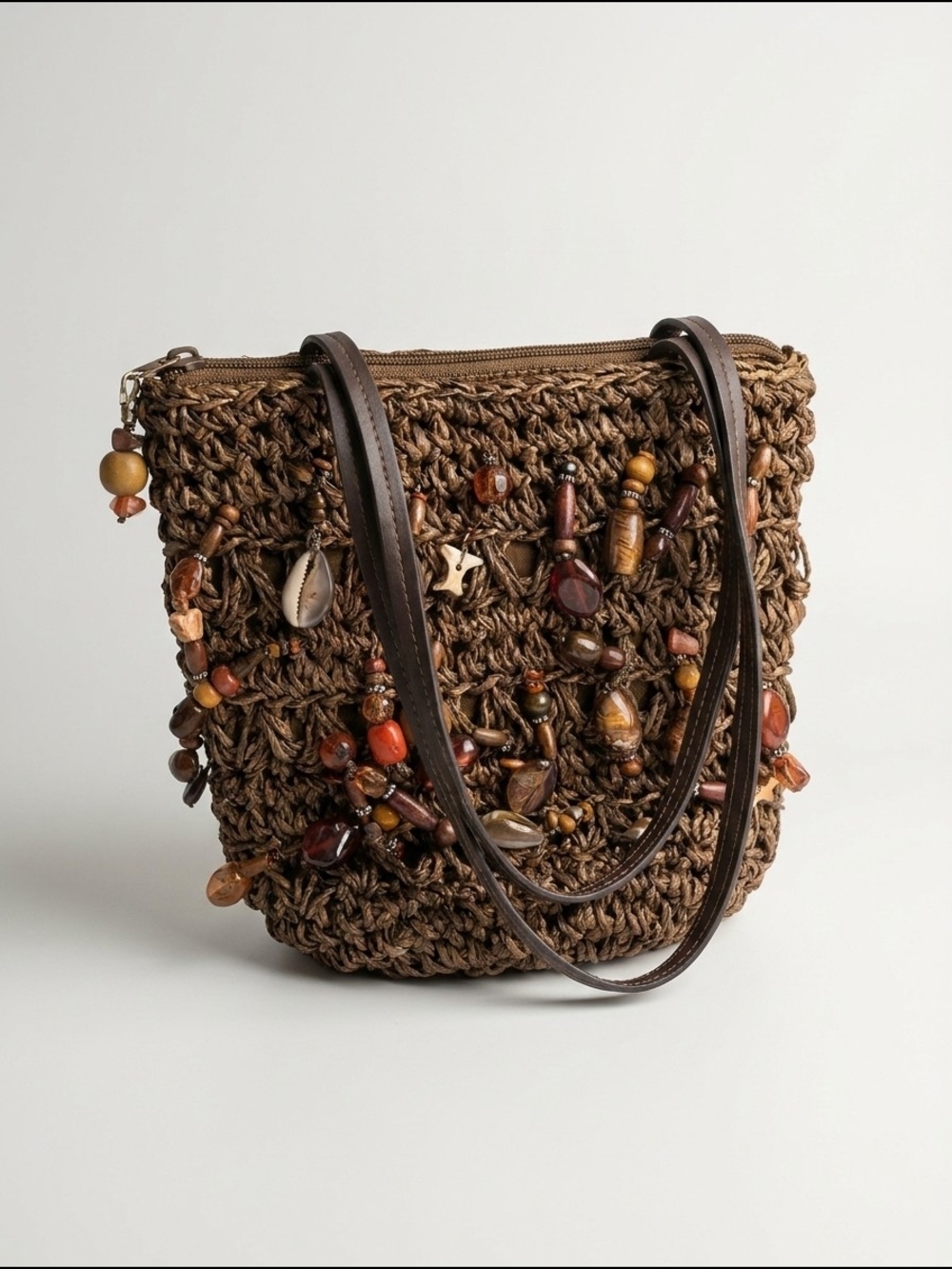 Archival‎ Cappelli Straworld Brown Beaded Crochet Shoulder Bag Vintage